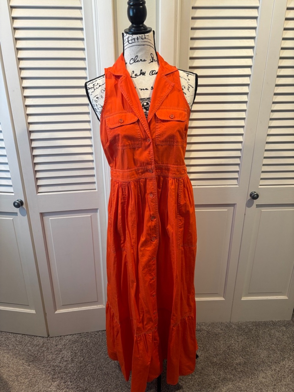 Anthropologie Bright Orange Sleeveless Button-Front Maxi Dress